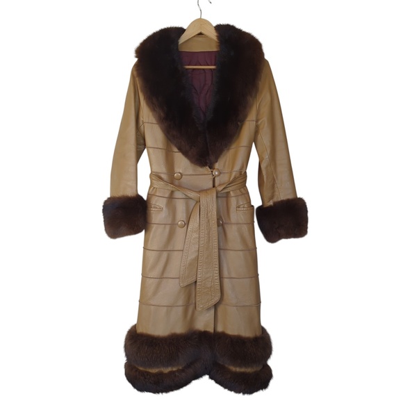 Vintage 70s Tan Leather Belted Coat Brown Faux Fur Trim | Boho Glam Statement - Picture 7 of 16